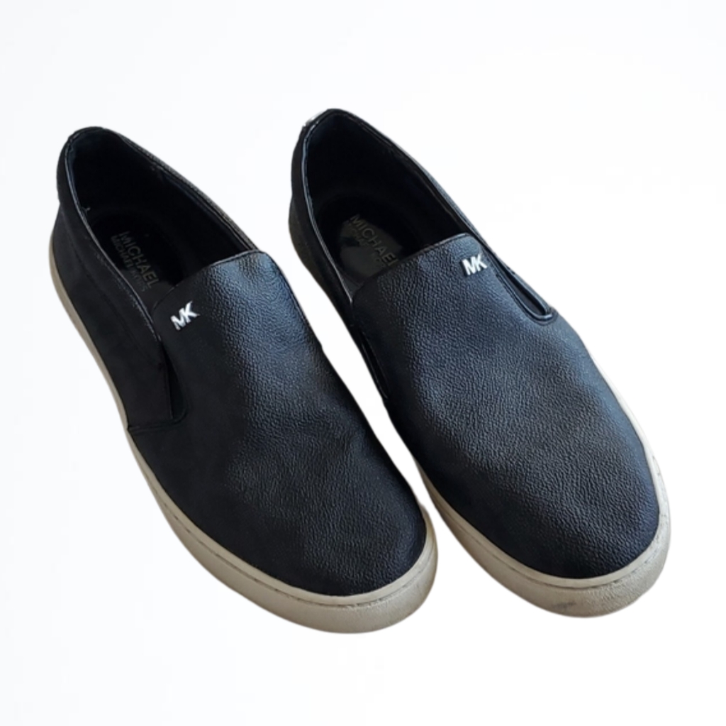 Michael Kors Keaton Black Slip-On Silver Mini Mk Logo Coated Canvas/Nappa Size 8